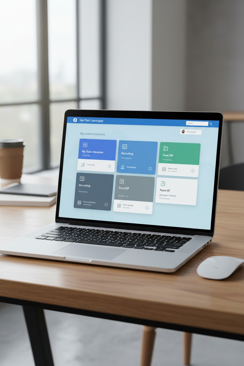 Ein Laptop steht auf einem Holztisch, auf dessen Bildschirm eine HR-Software mit farbigen Kacheln geöffnet ist.